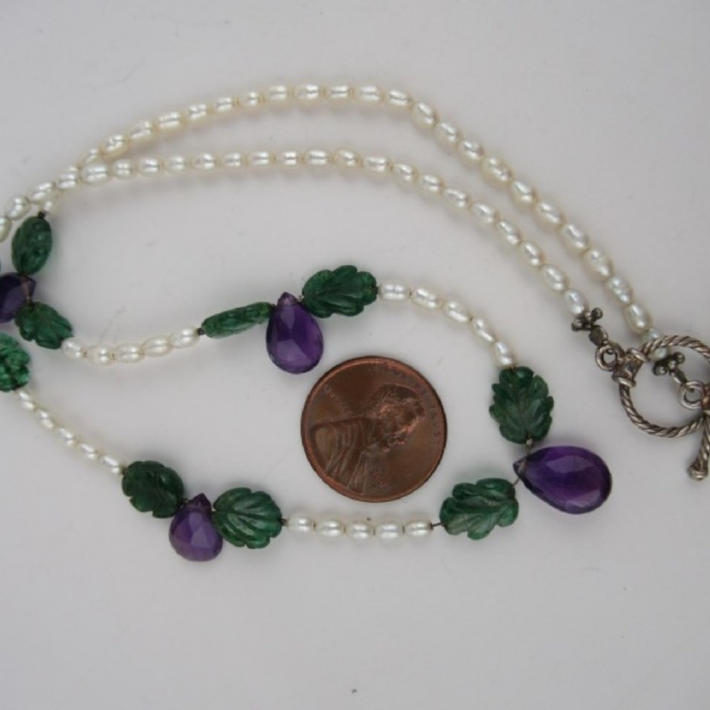 Amethyst, Moss Agate And Pearls "String Of Grapes" - image 4